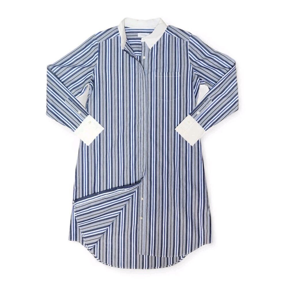 Calvin Klein Womens Size 10 Blue/White Striped Long-Sleeve Button-Up Shirt Dress